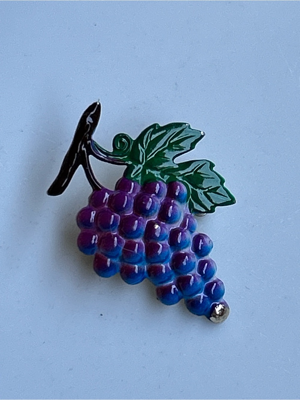 Vintage Enamel Grape Cluster Pin - Purple & Blue with Green Leaf Brooch